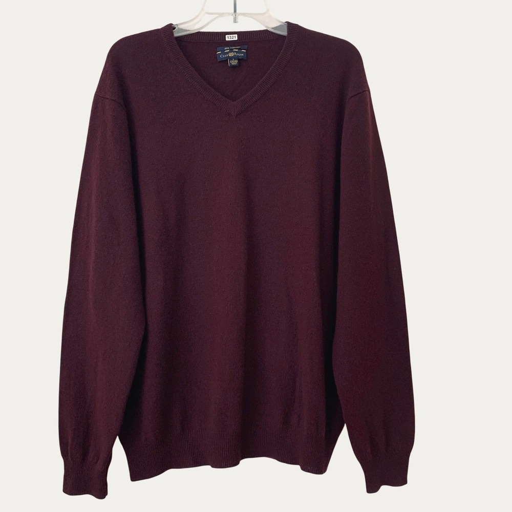 Club Room 2-Ply 100% Cashmere Sweater Men Size L Red Burgundy V-Neck Long Sleeve